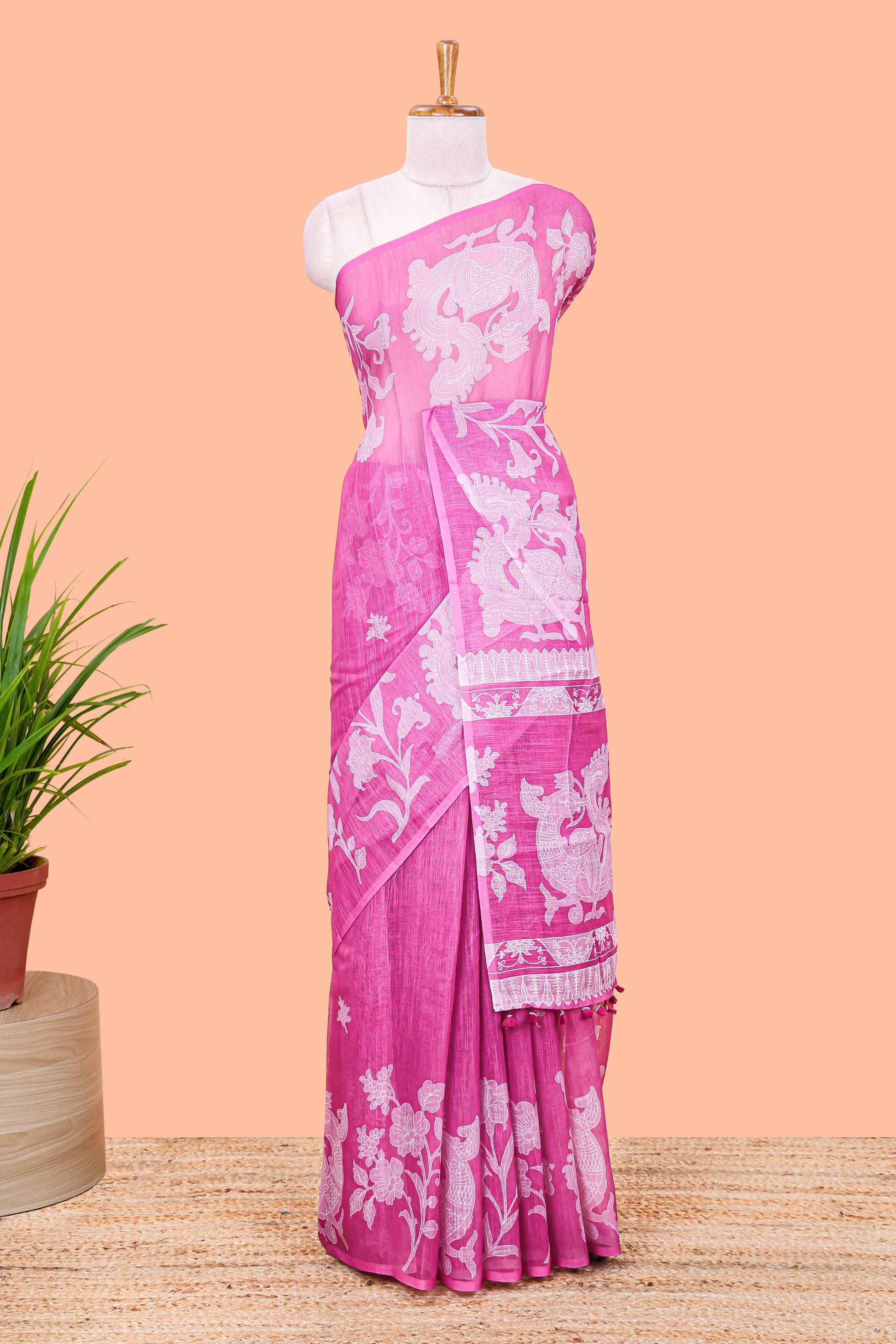 Purple floral linen cotton saree