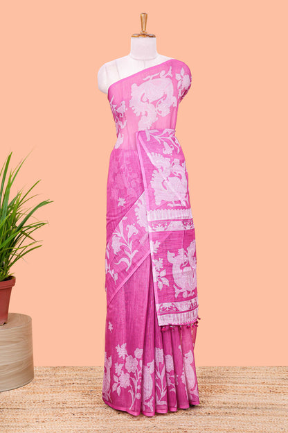 Purple floral linen cotton saree