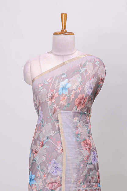Purple floral print linen saree