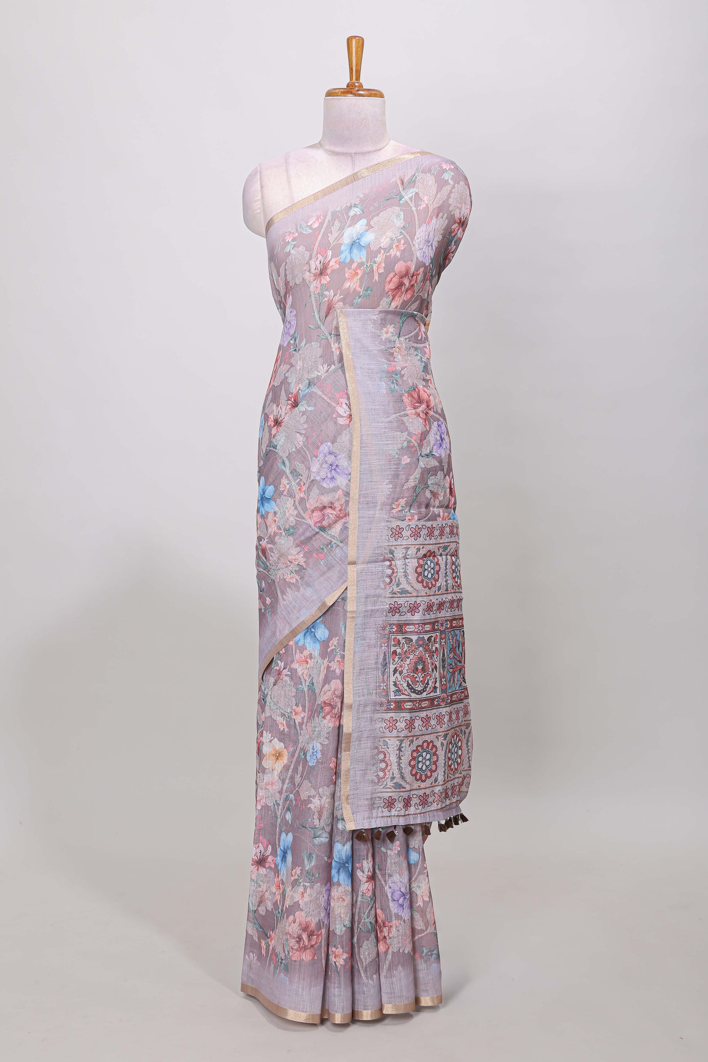 Purple linen cotton floral saree