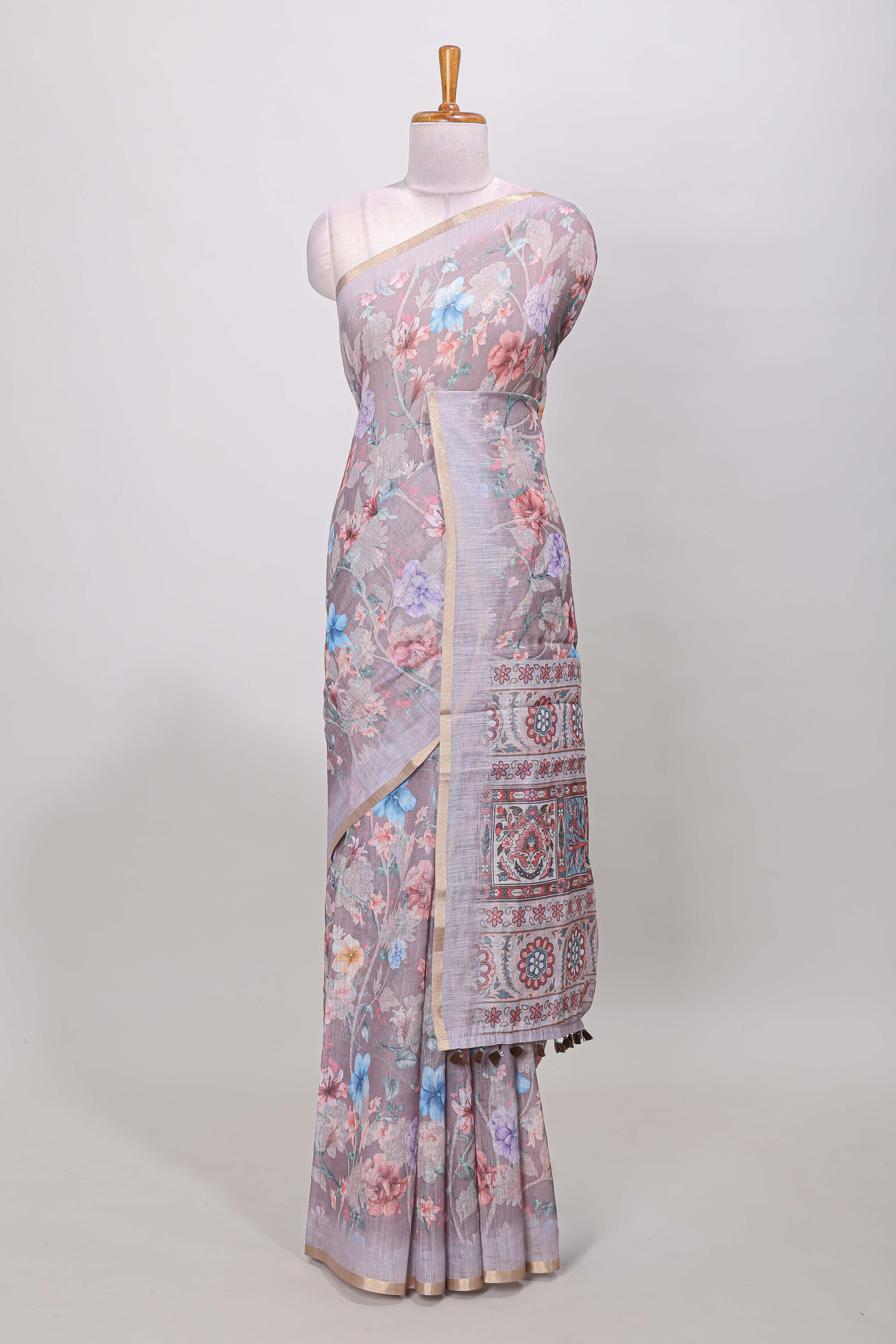 Purple linen cotton floral saree
