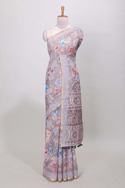 Purple linen cotton floral saree