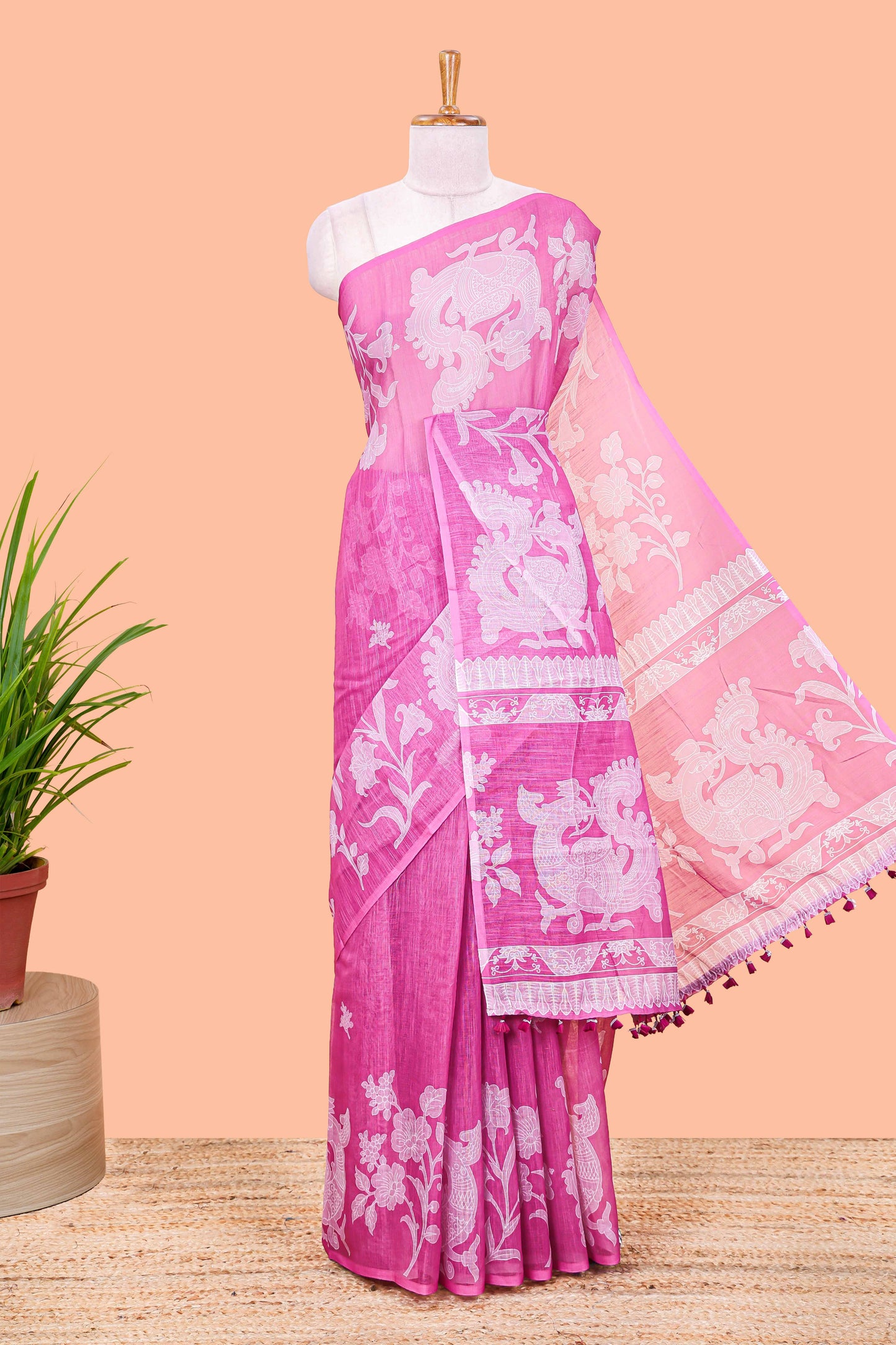 Purple linen cotton saree with floral print