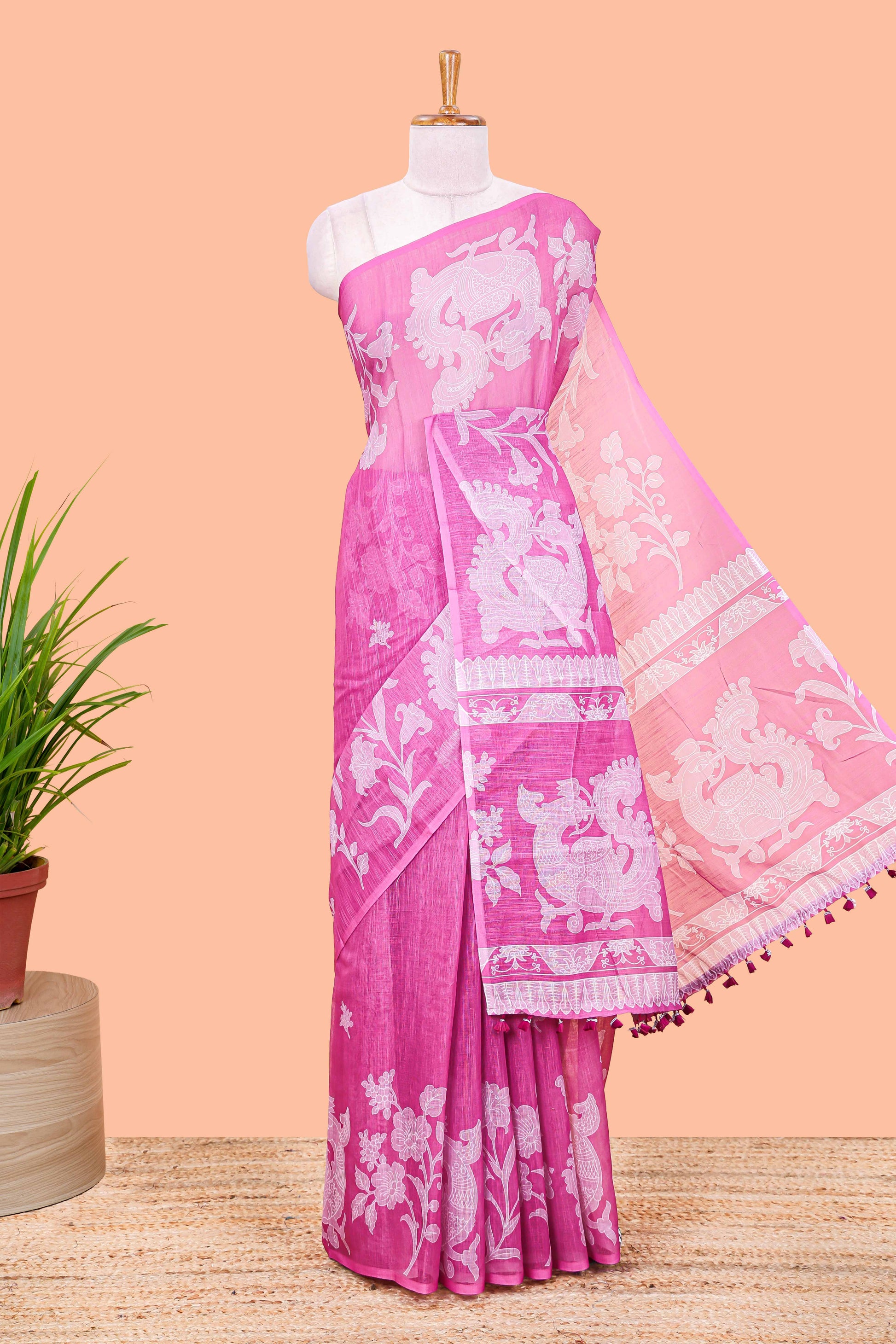 Purple linen cotton saree with floral print