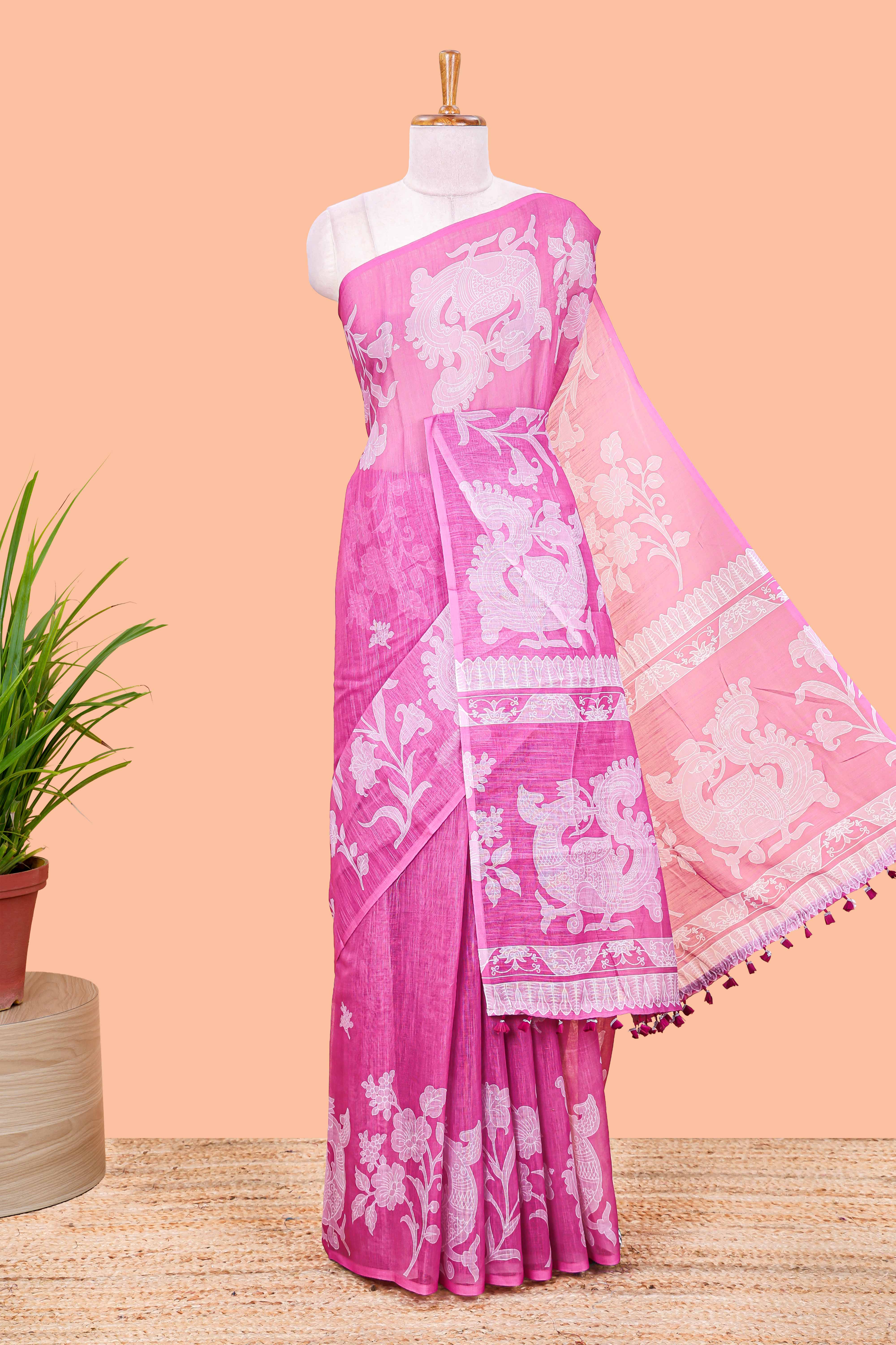 Purple linen cotton saree with floral print