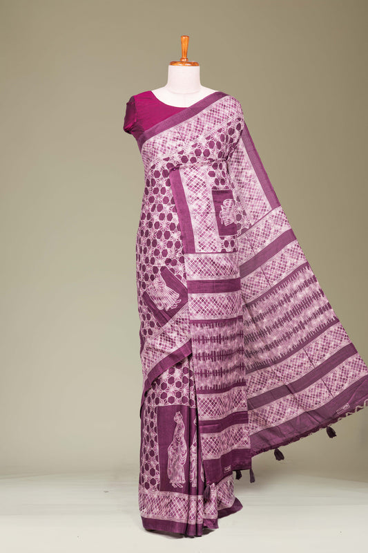 Purple linen printed saree 
