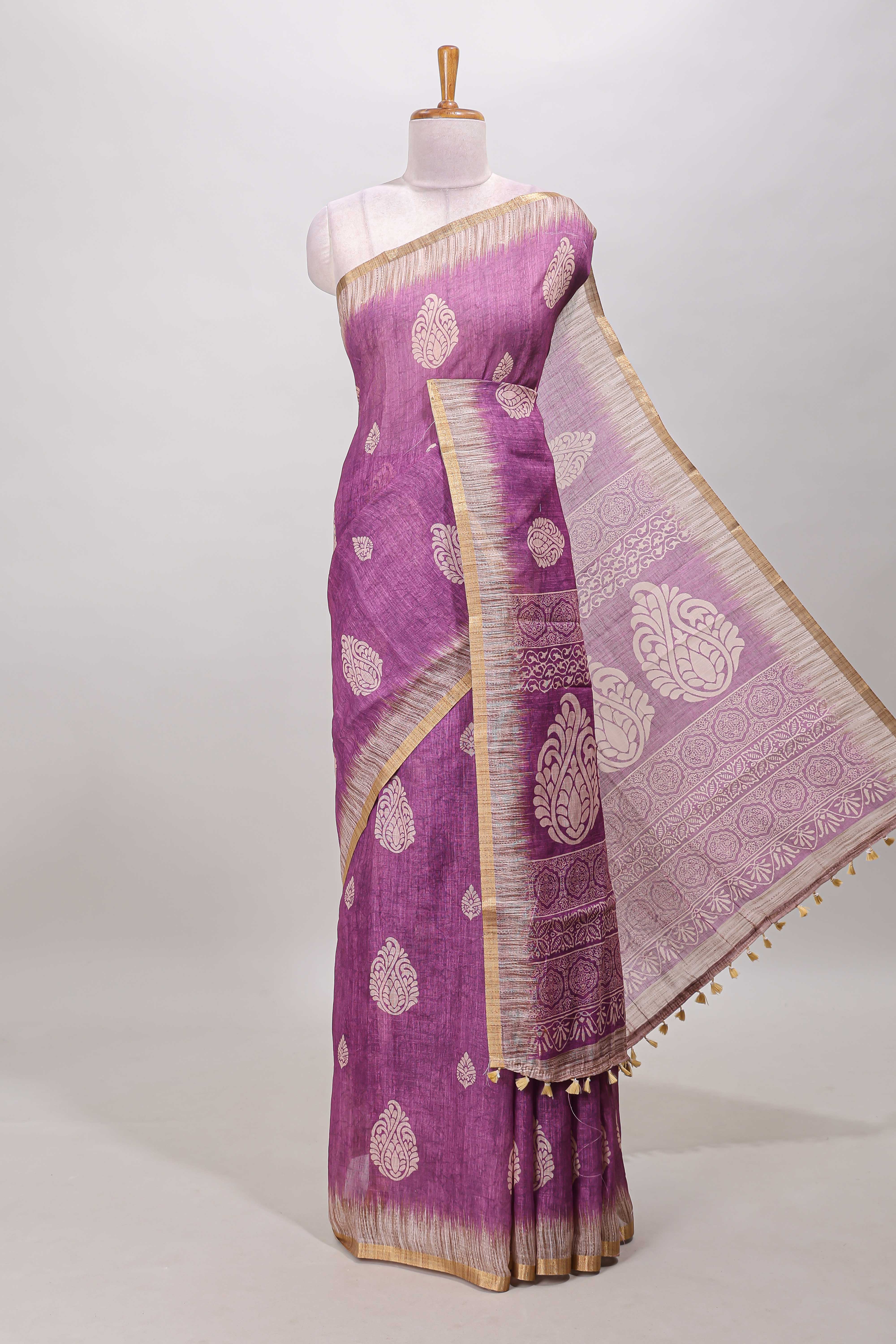 Purple paisley motifs linen cotton saree
