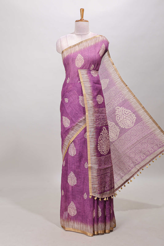 Purple paisley motifs linen cotton saree