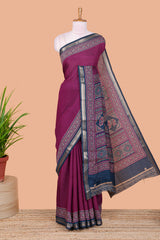 Purple plain semi chanderi saree contrast border blouse