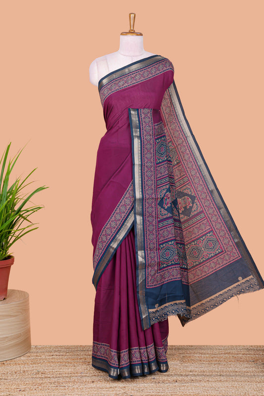 Purple plain semi chanderi saree contrast border blouse