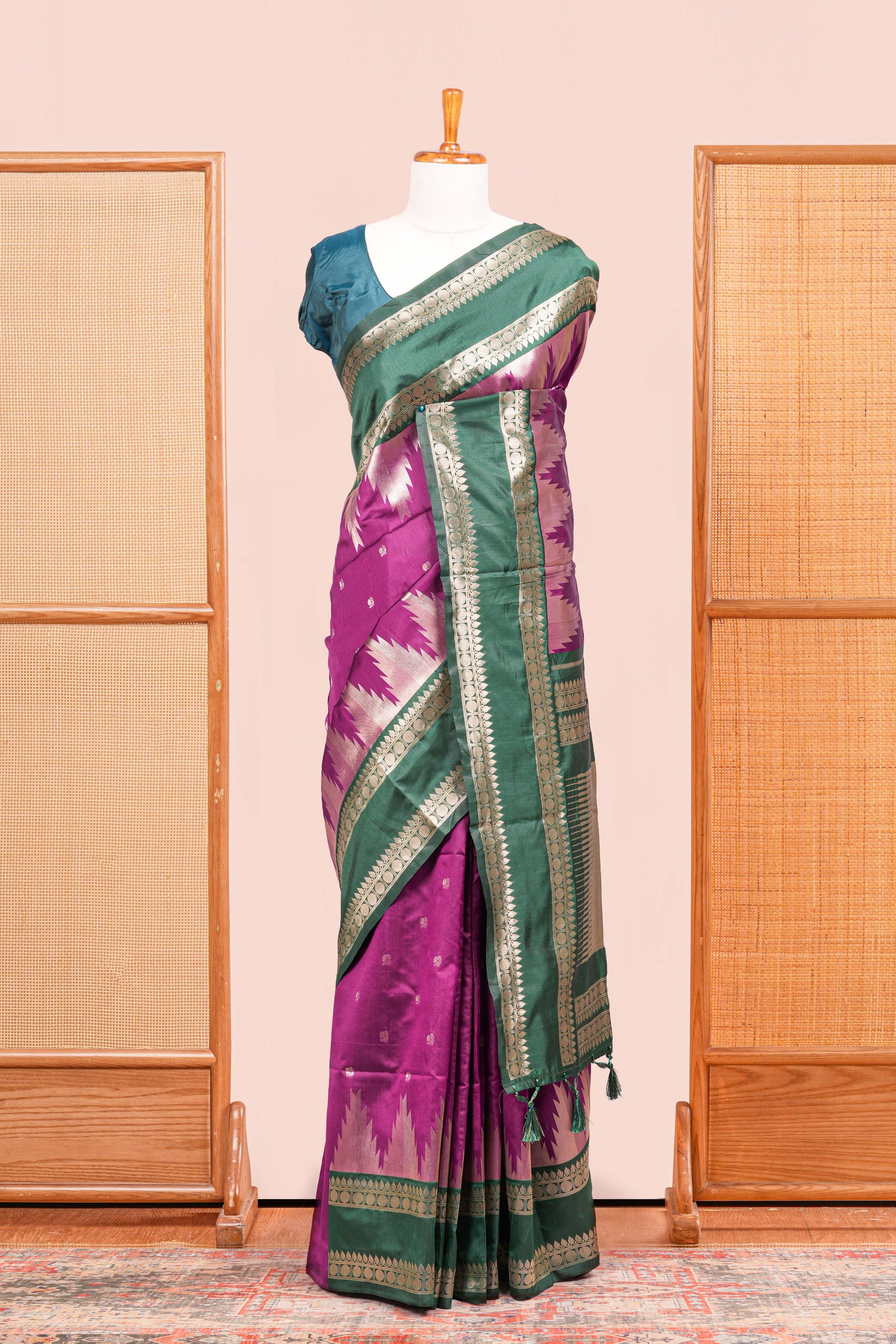 Purple semi art silk floral border saree