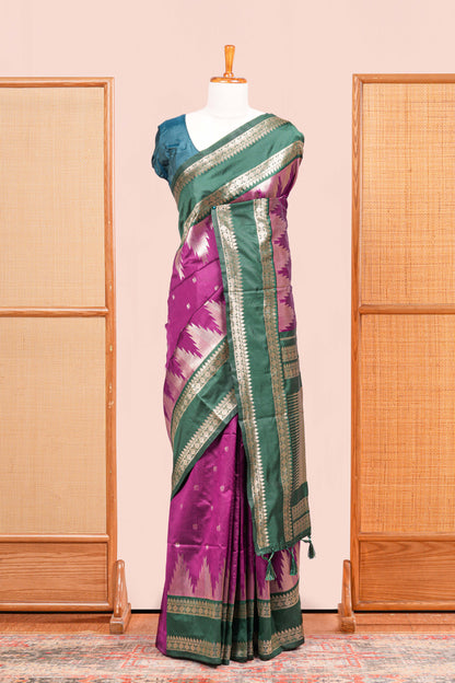 Purple semi art silk floral border saree