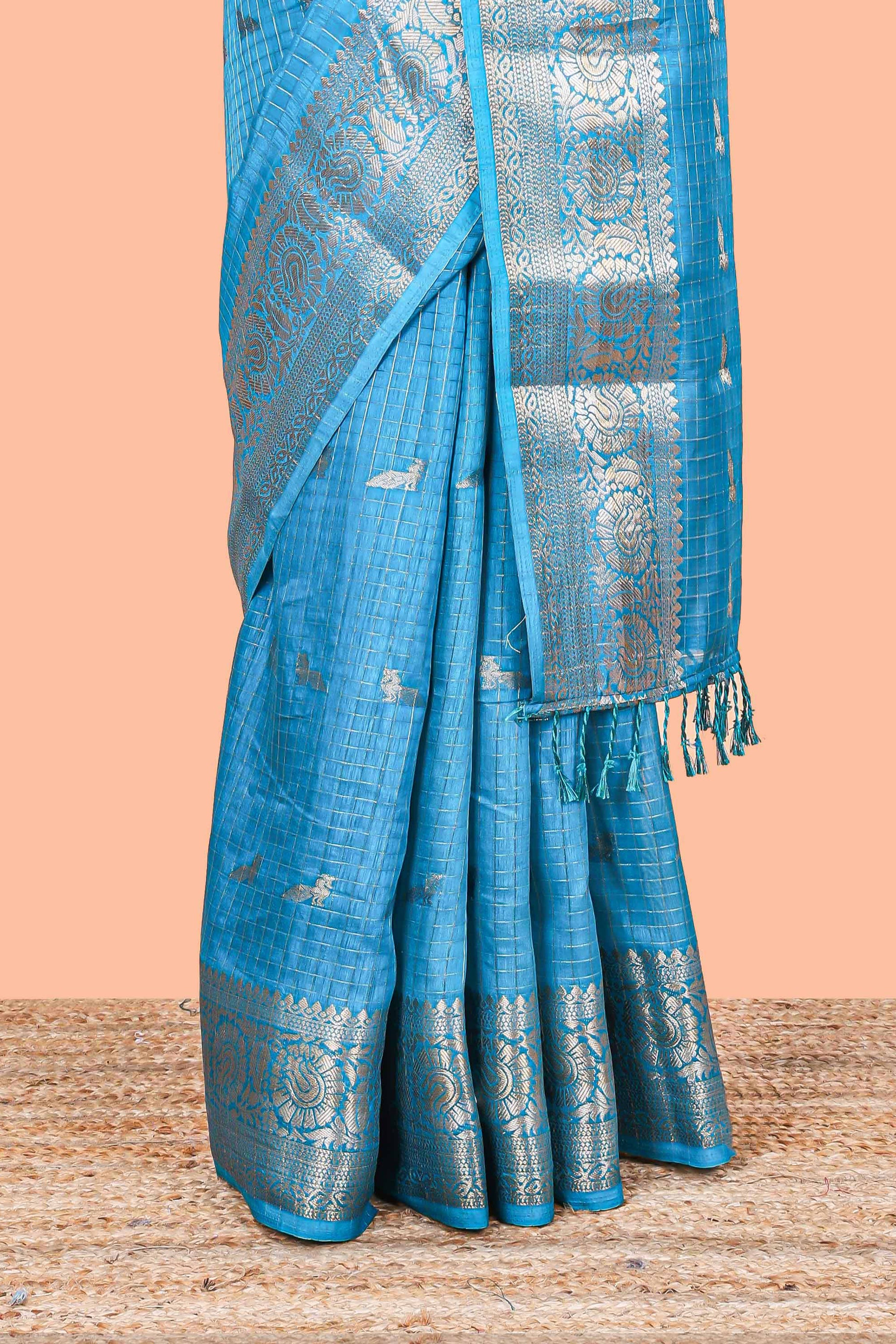 Rama blue art raw silk festive saree