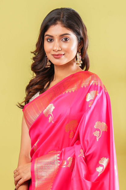 Rani pink semi soft silk zari pallu saree