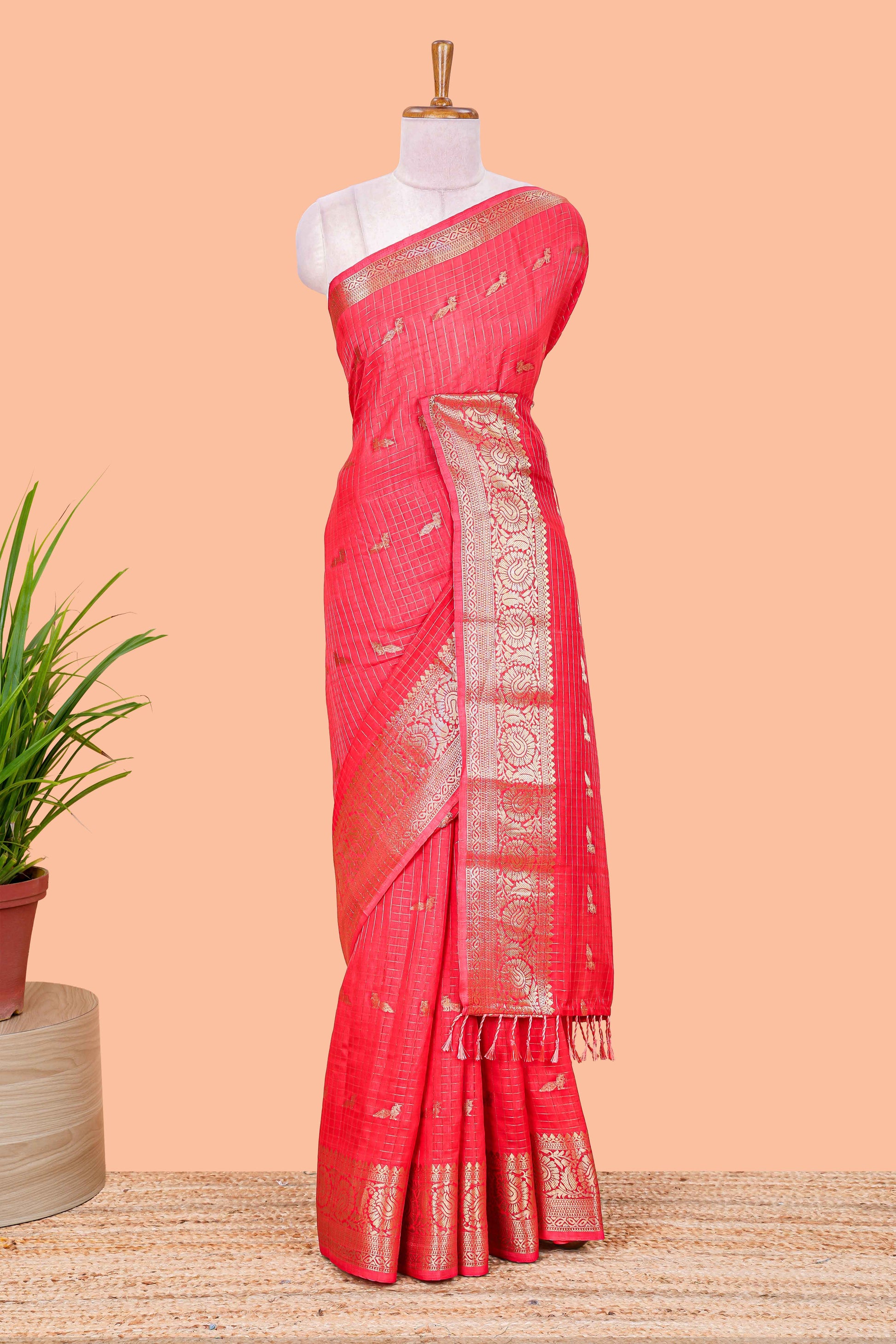 Red art raw silk check design saree

