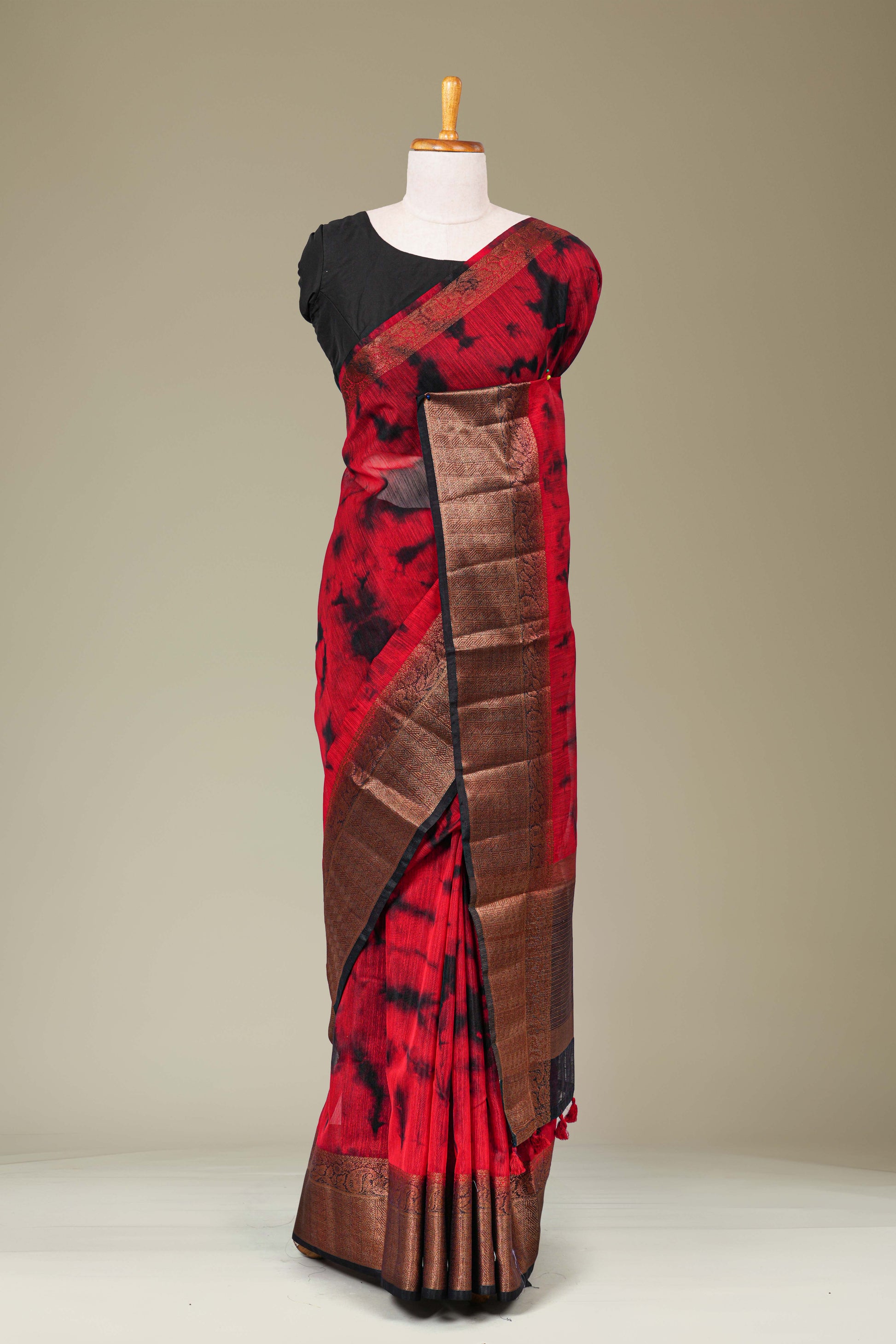 Red black linen saree with copper zari