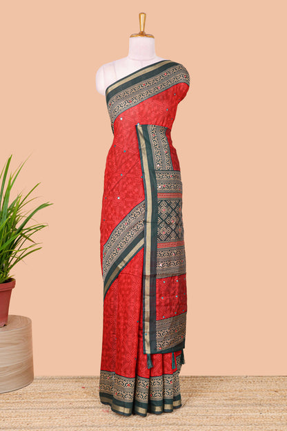 Red chanderi cotton saree geometric design