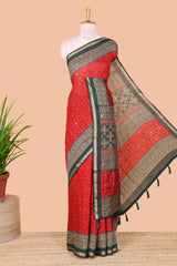 Red chanderi cotton saree geometric diamond mirror work