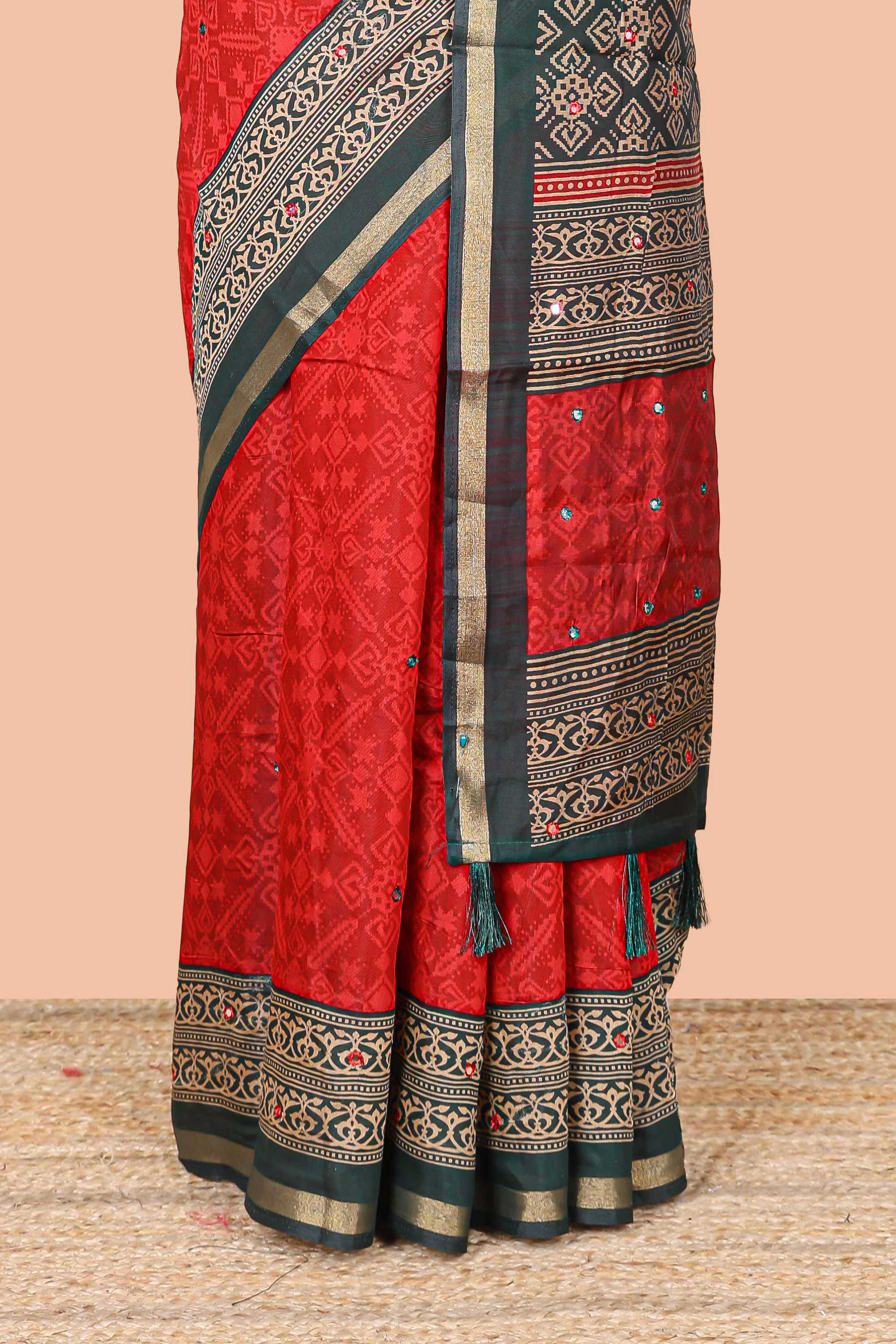 Red chanderi cotton saree with zari border