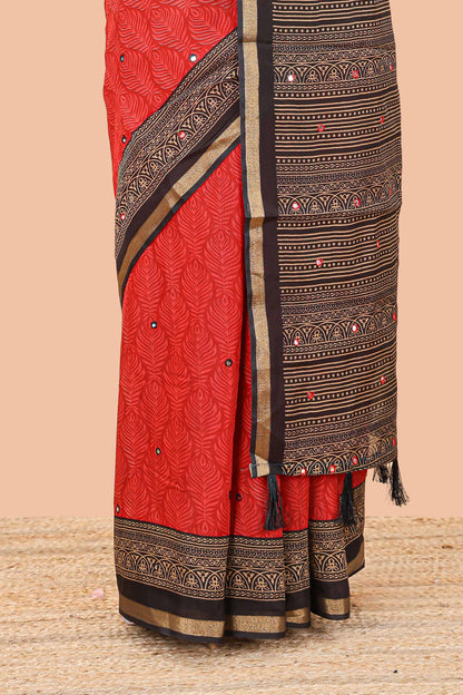 Red contrast border chanderi saree