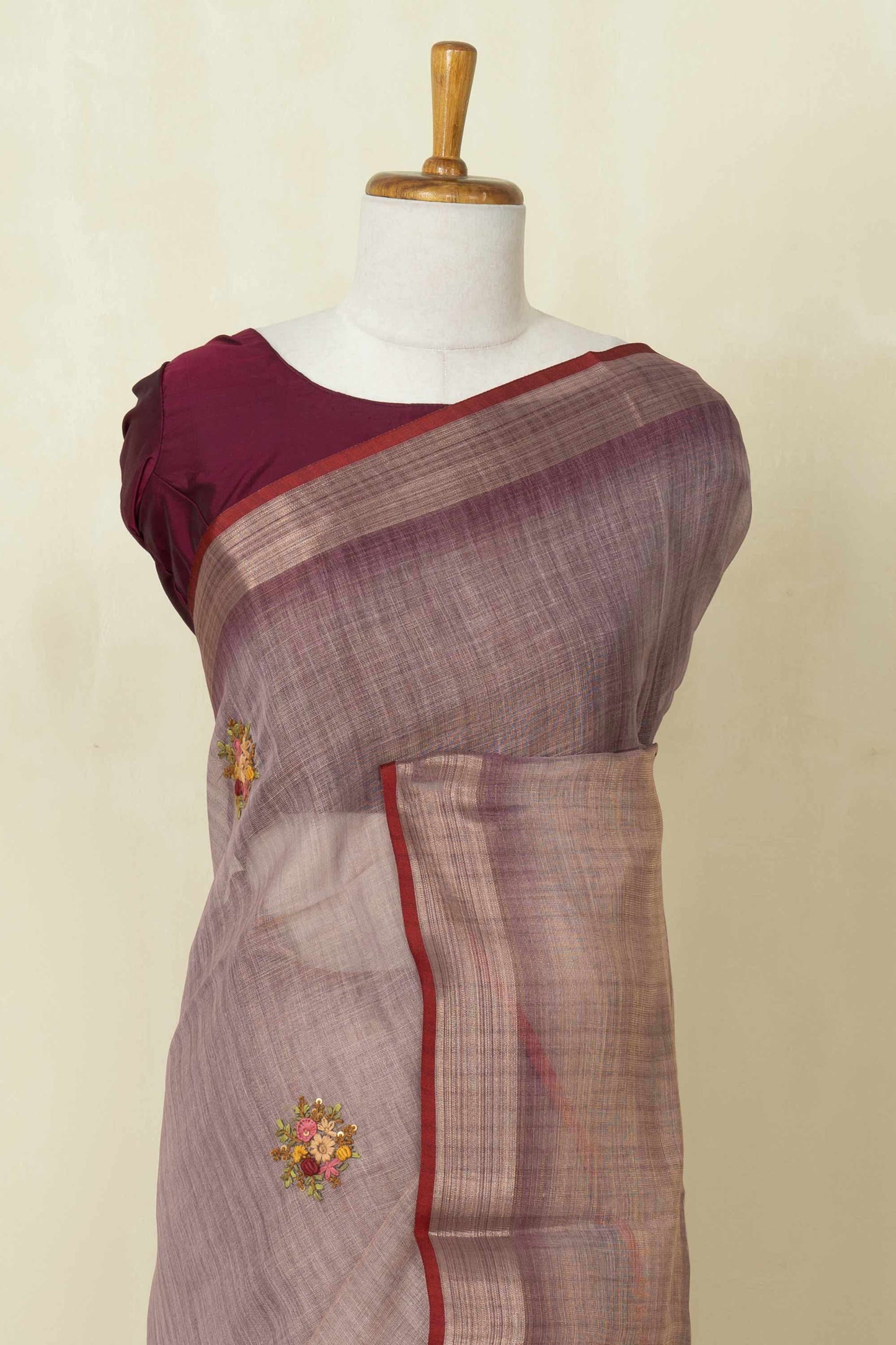 Red designer linen saree
