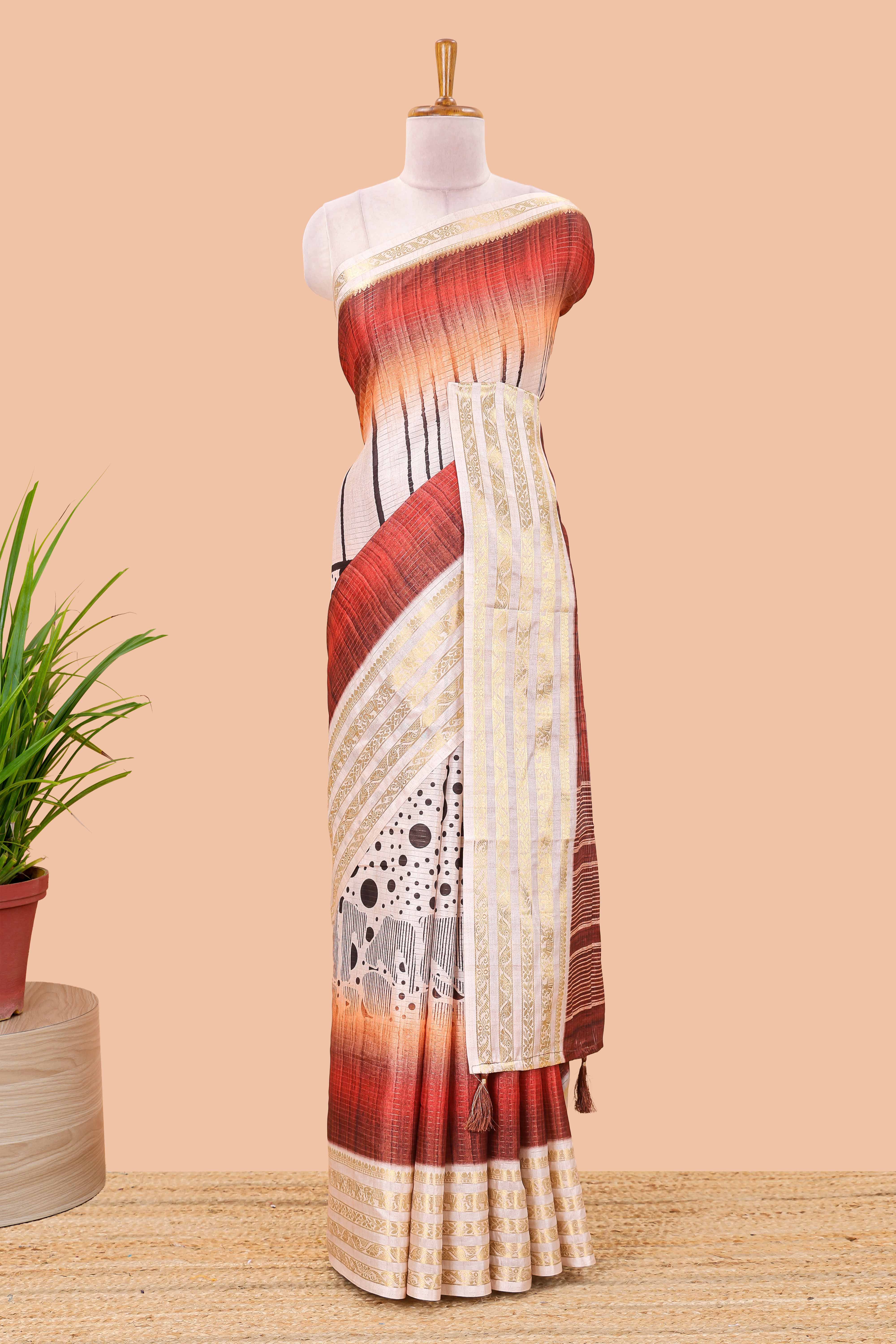 Red dola silk dot stripe saree