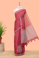 Red featuring crane bird motif print and contrast pallu Kota cotton saree