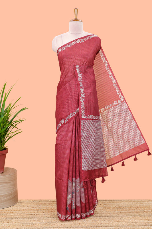 Red featuring crane bird motif print and contrast pallu Kota cotton saree
