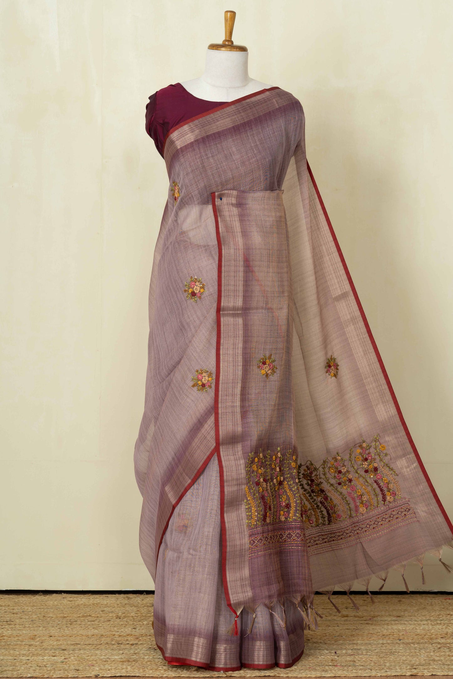 Red floral printed linen saree