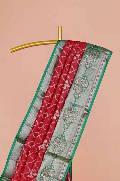Red green border tussar silk saree
