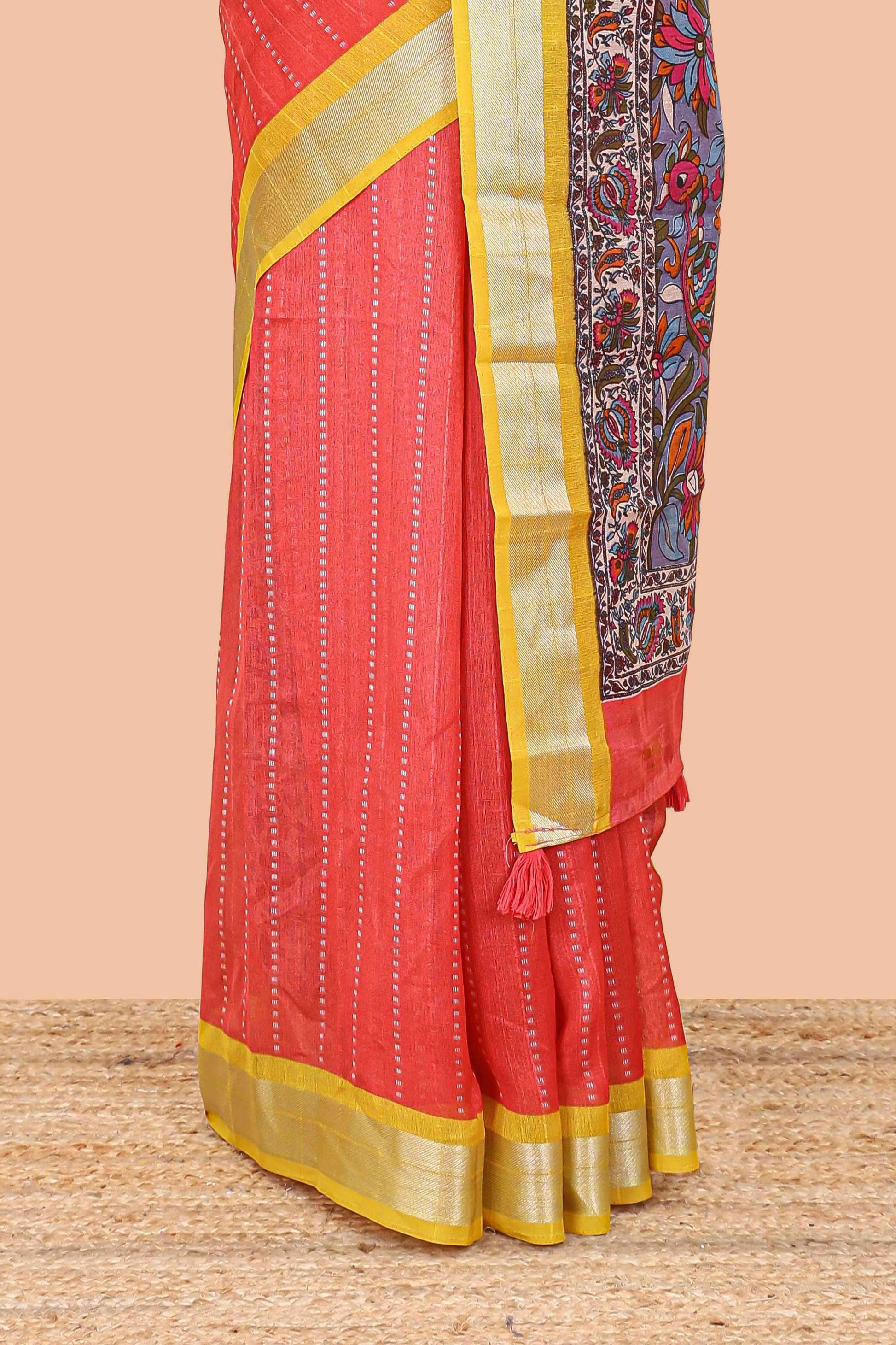 Red kalamkari pallu linen cotton saree