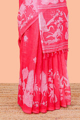 Red linen cotton saree with crane and floral design