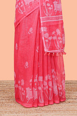 Red linen cotton saree with ethnic lotus design