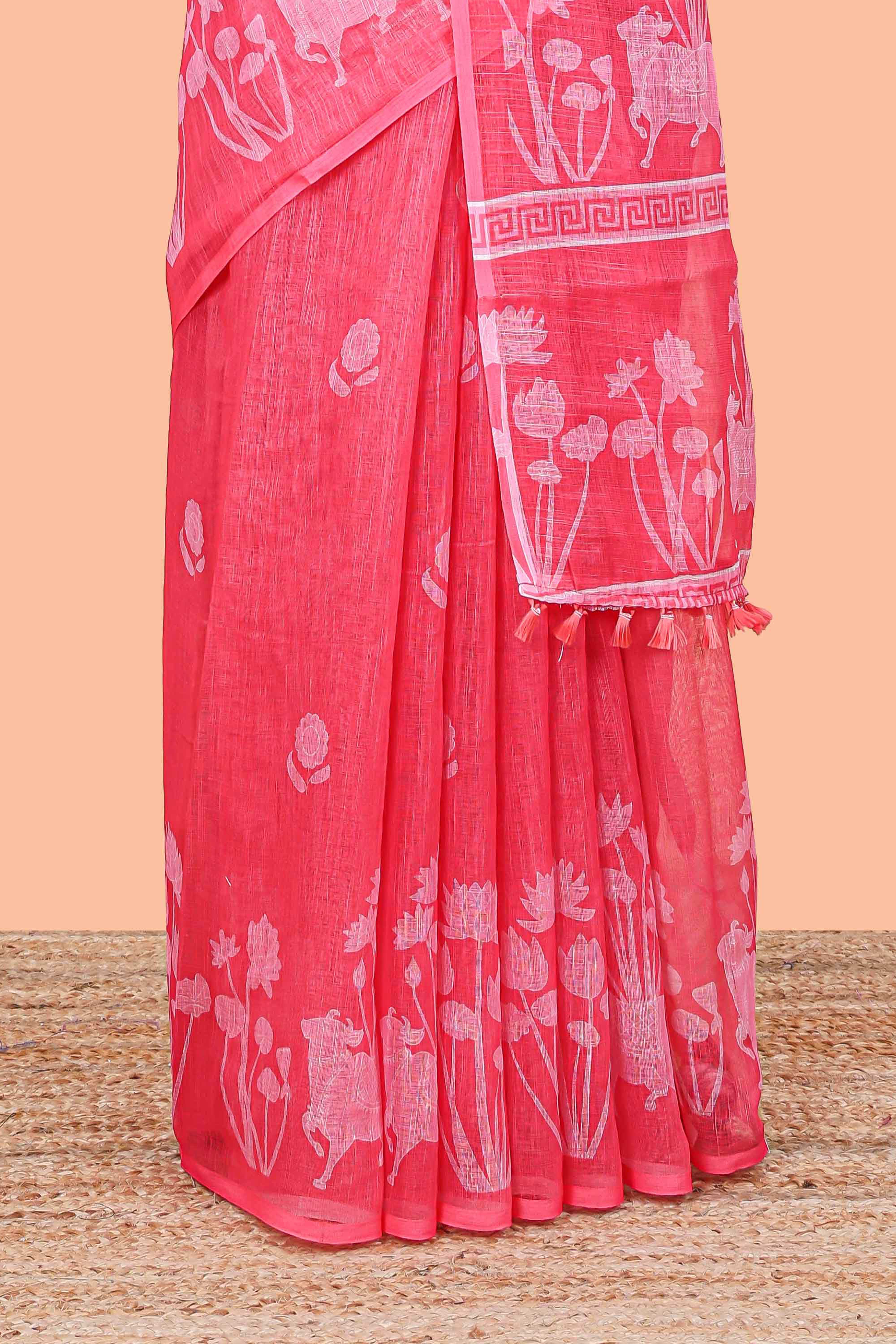 Red linen cotton saree with ethnic lotus design