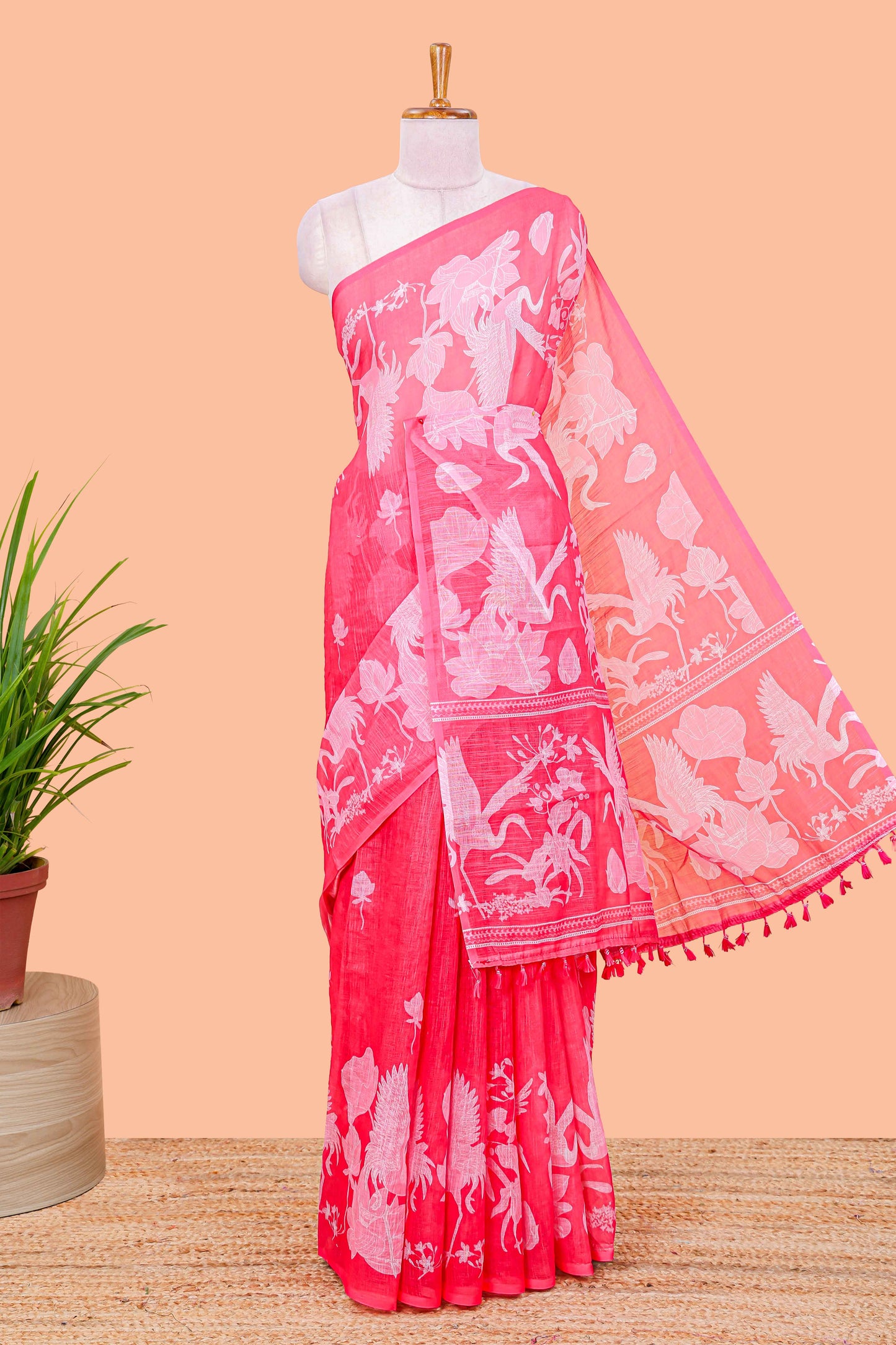 Red linen cotton saree with floral crane print