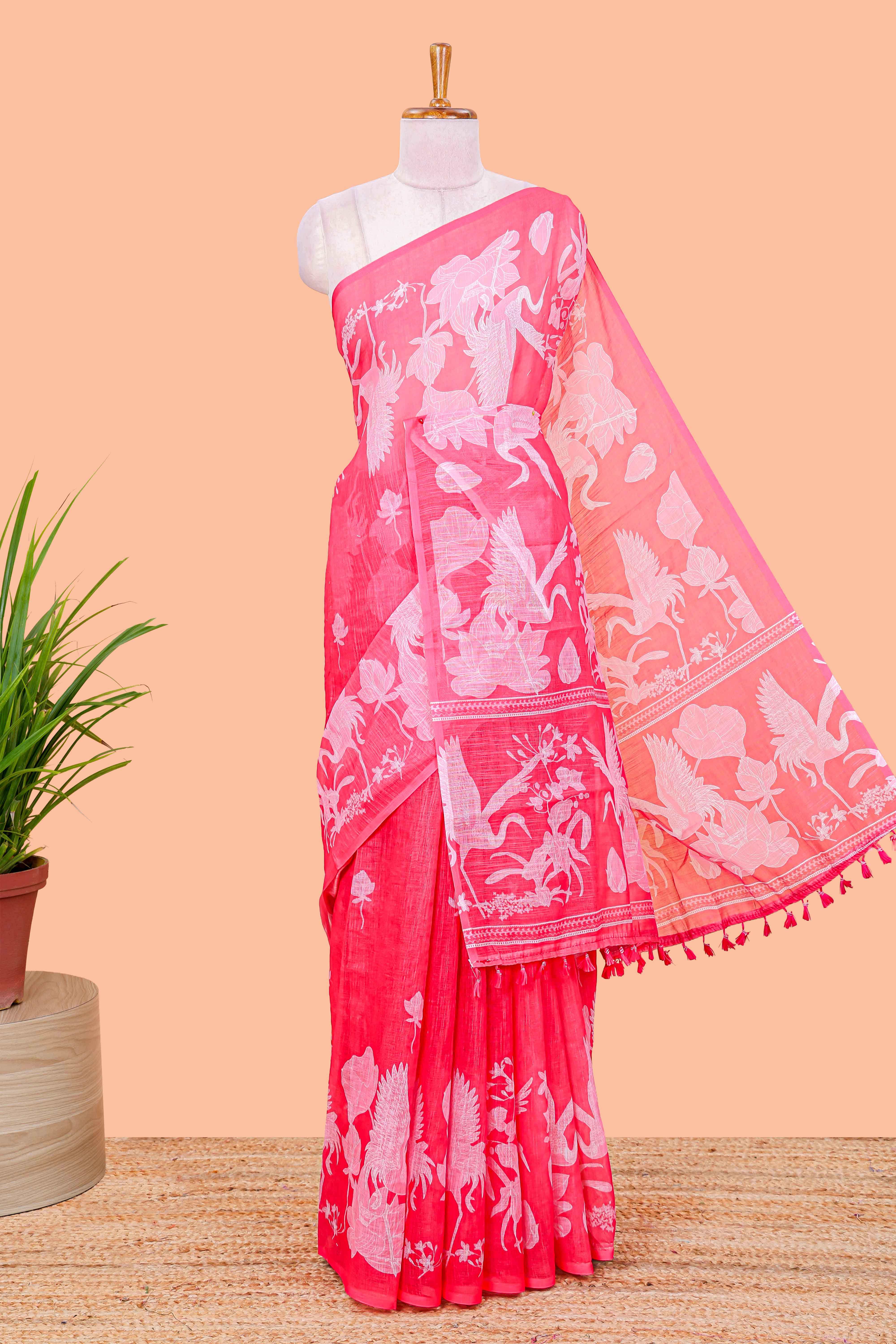 Red linen cotton saree with floral crane print