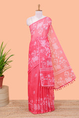 Red linen cotton saree with floral print
