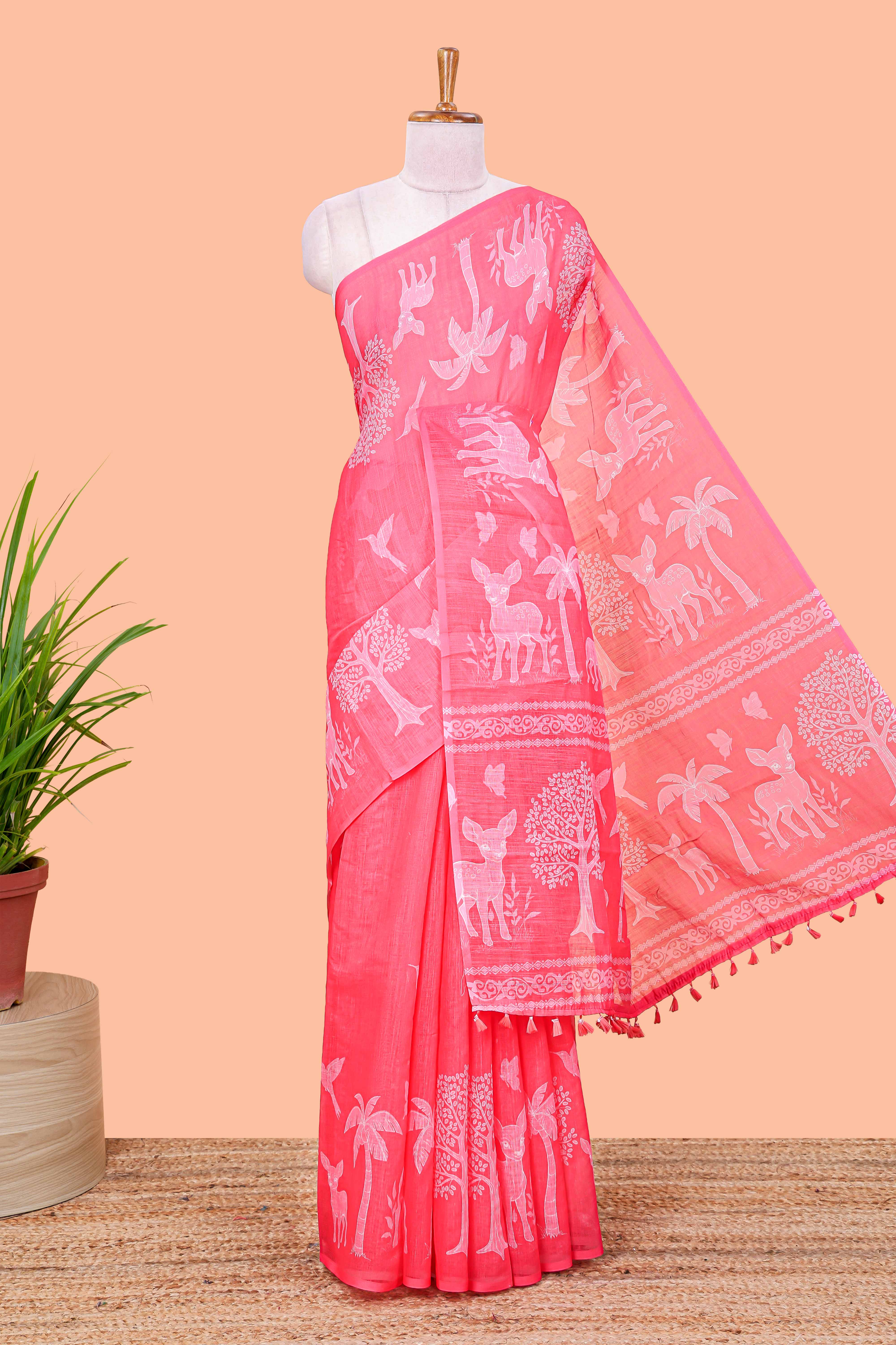Red linen cotton saree with forest birds print