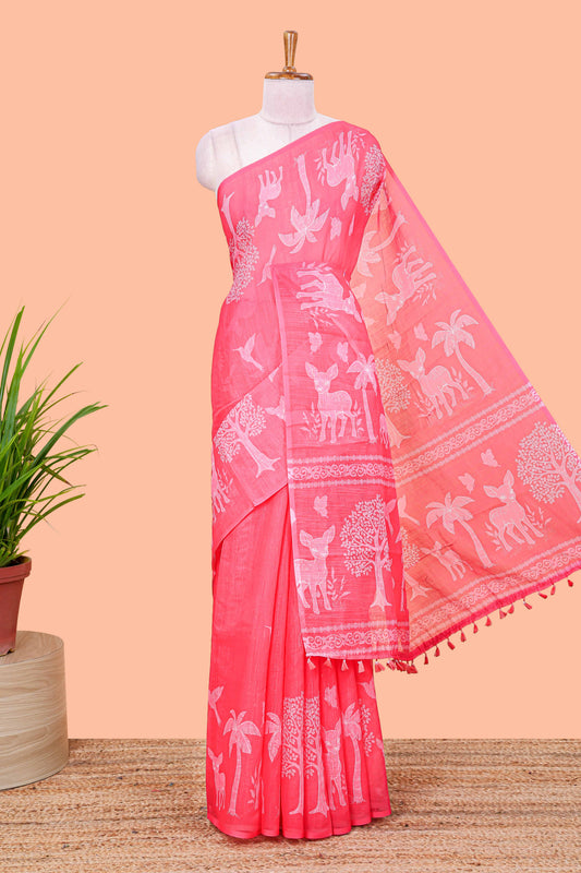 Red linen cotton saree with forest birds print