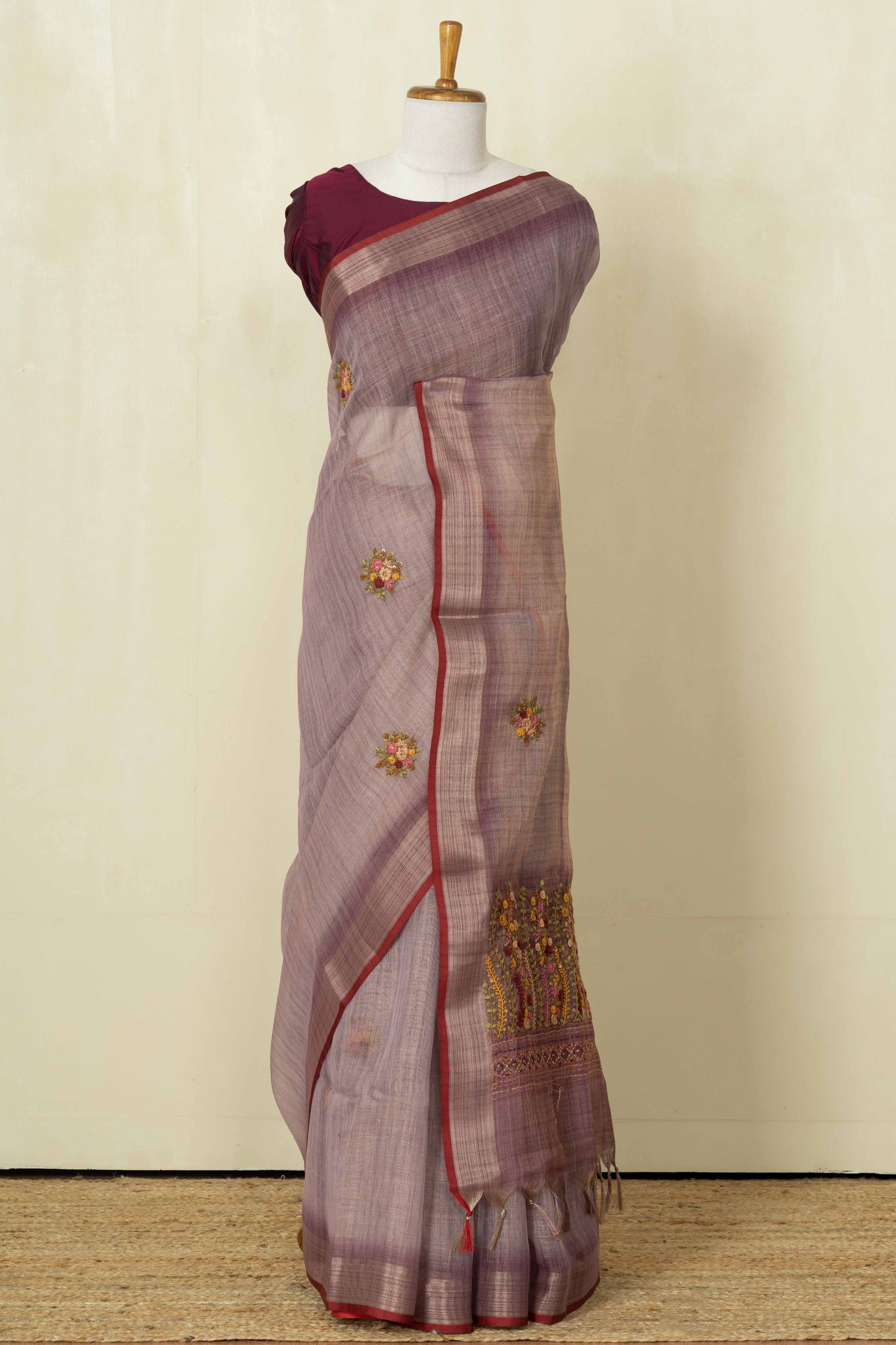 Red linen saree with embroidery work
