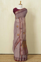 Red linen saree with embroidery work