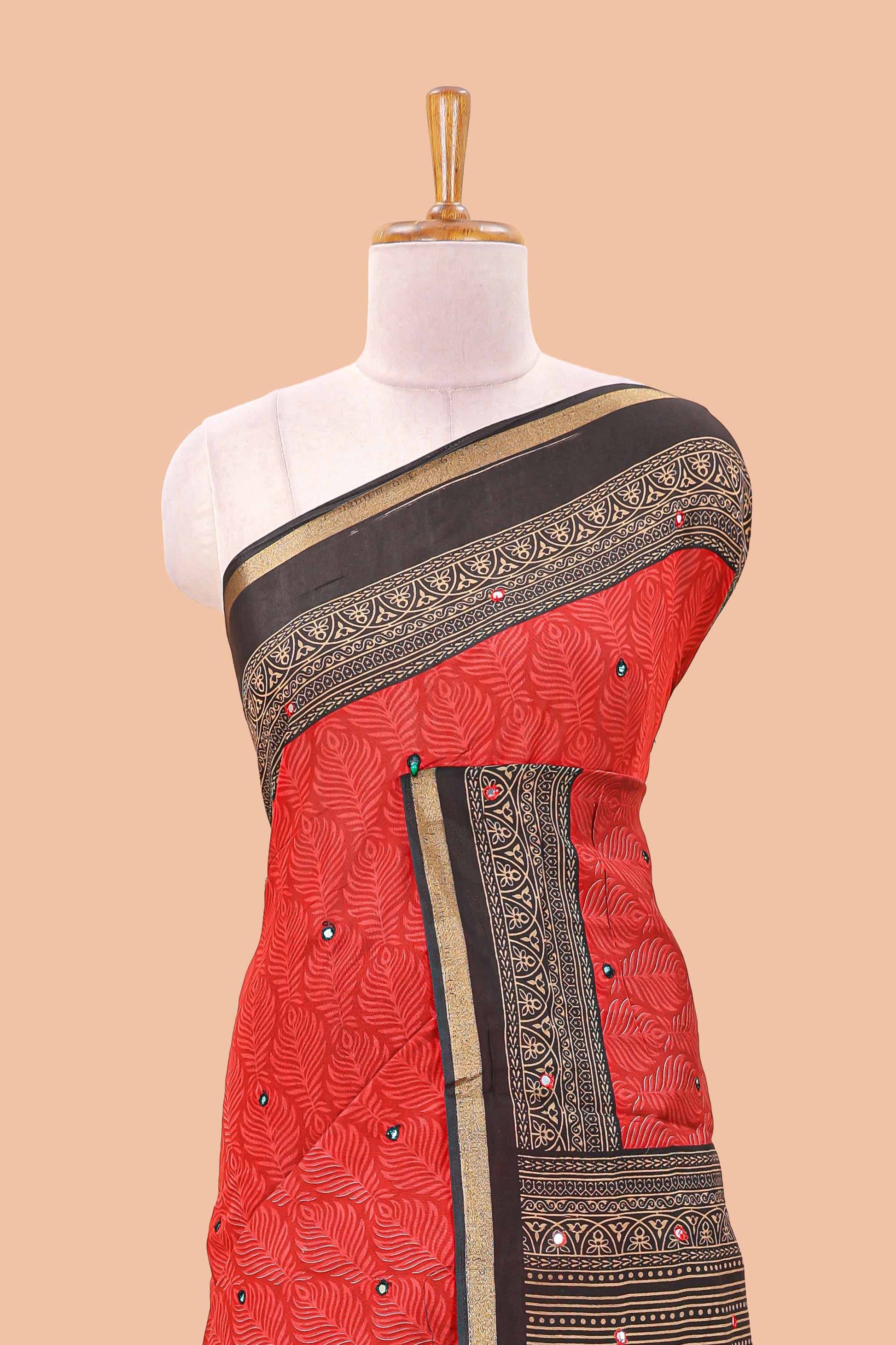Red peacock print chanderi saree
