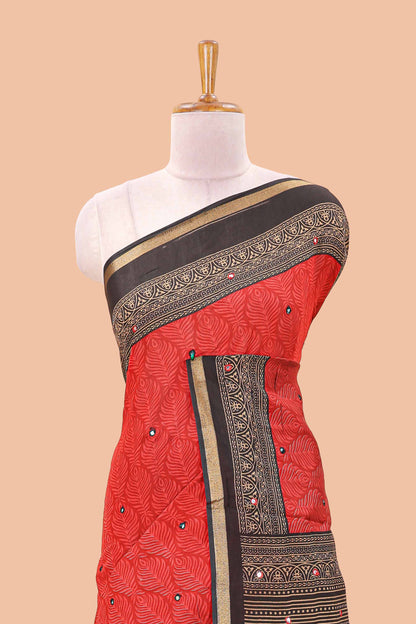 Red peacock print chanderi saree
