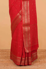 Red raw silk gold check saree