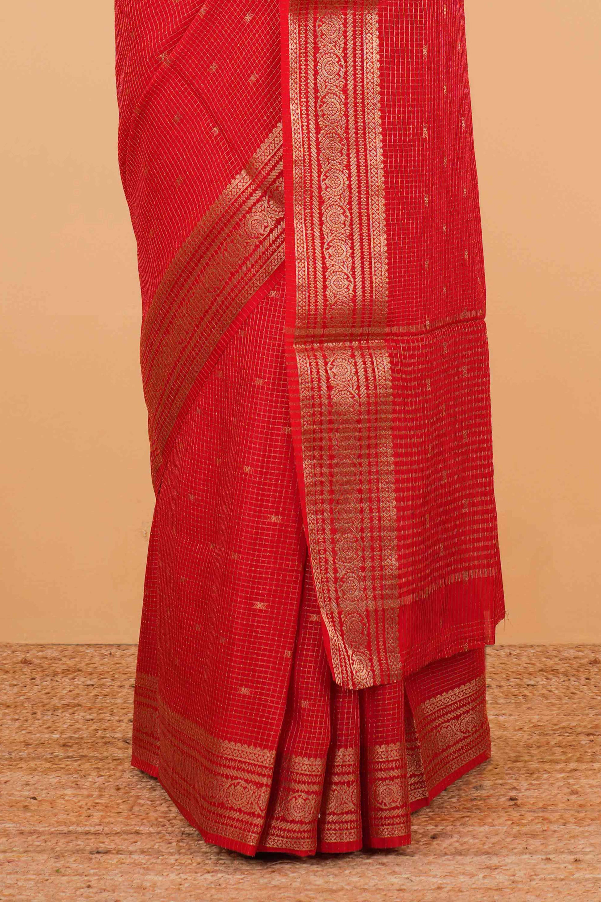 Red raw silk gold check saree