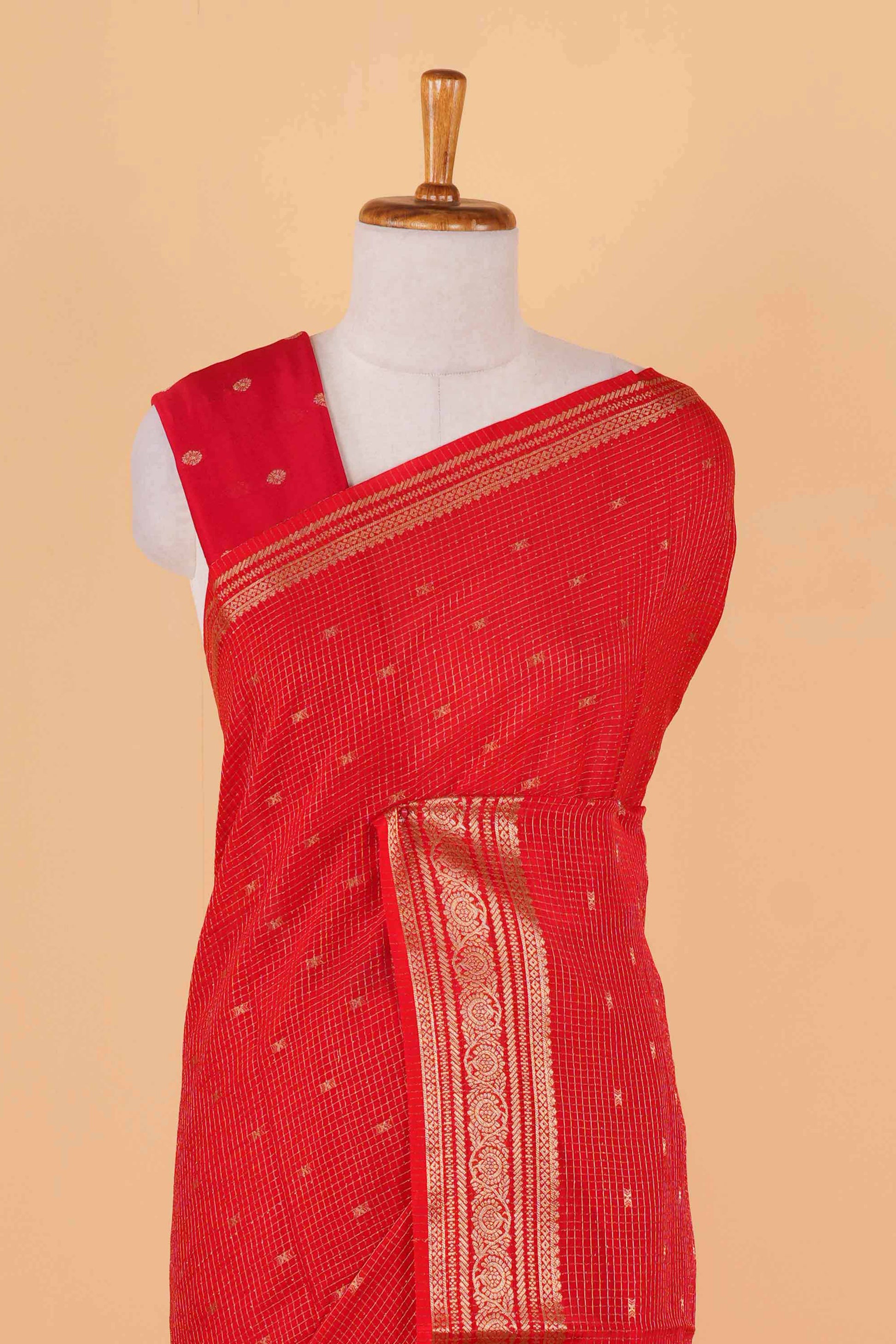 Red raw silk zari check saree