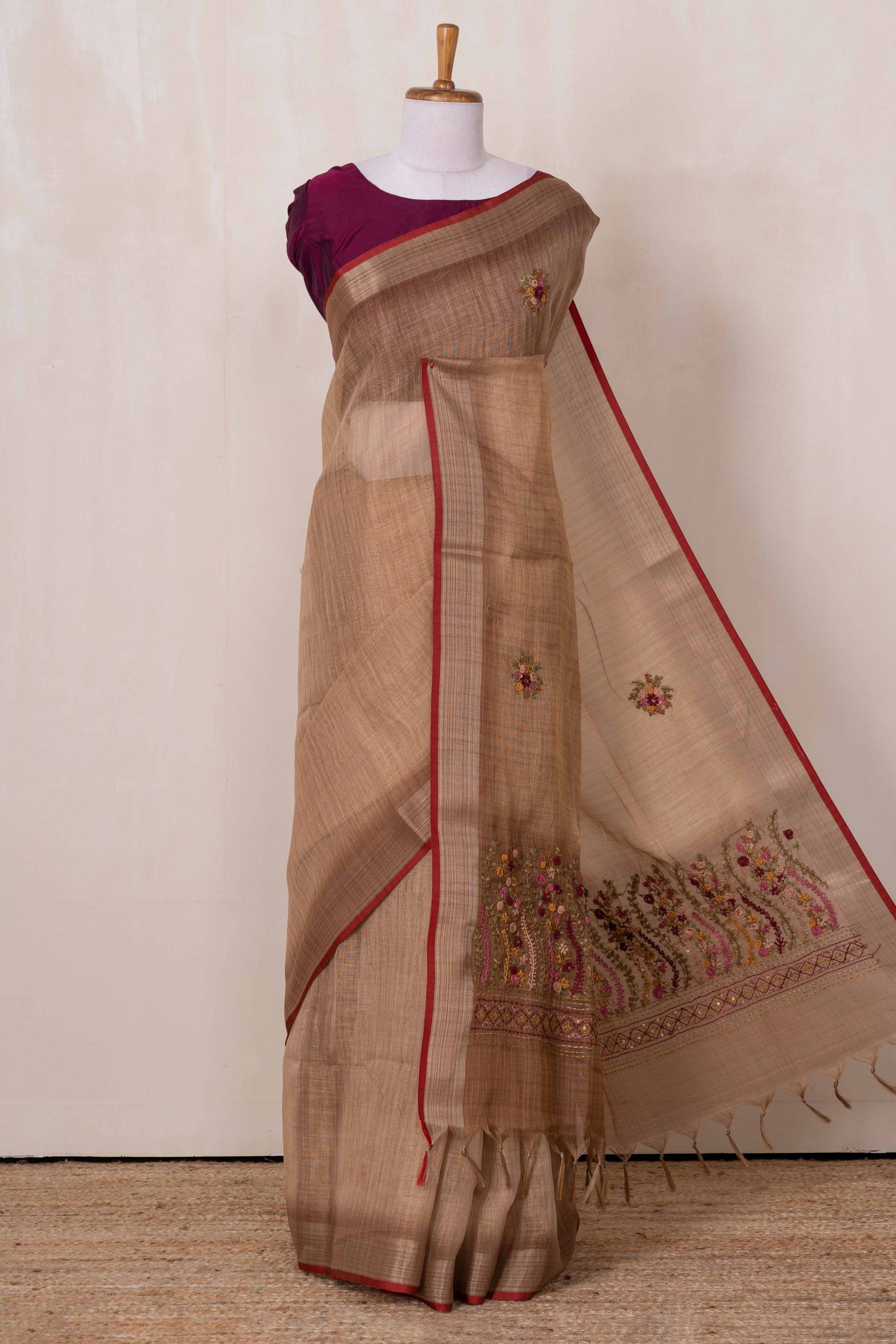 Reddish orange linen saree