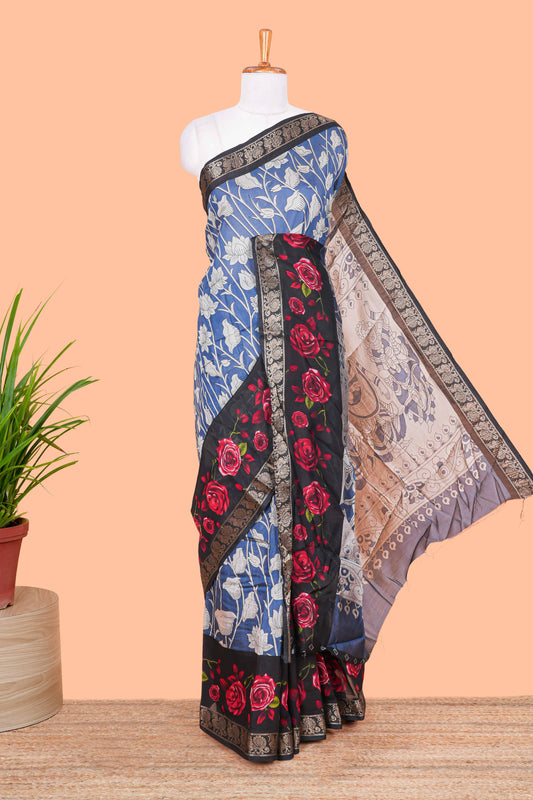 Royal Blue Chanderi Cotton Body and Pallu Kalamkari Print With Zari Border
