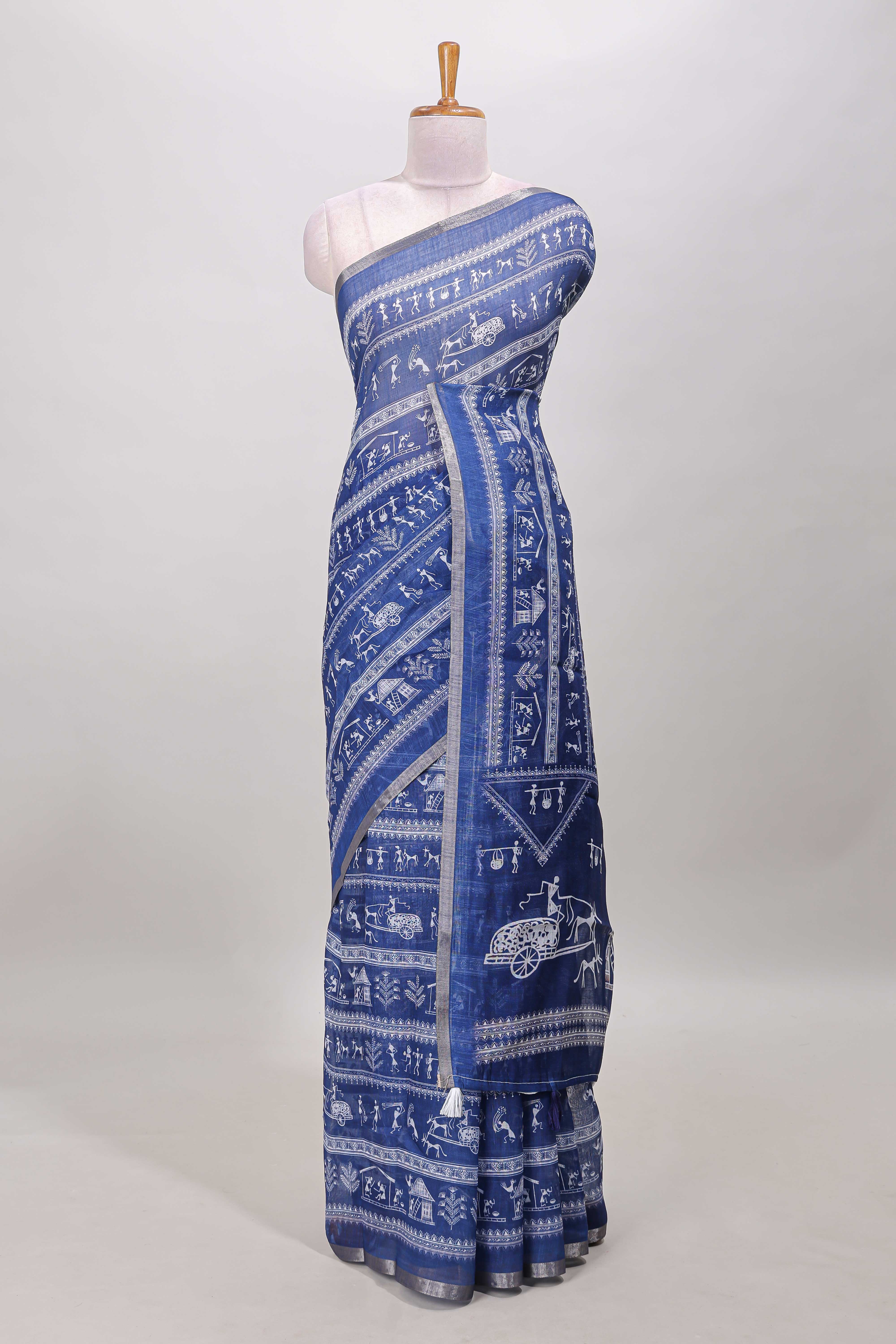 Royal blue linen cotton saree
