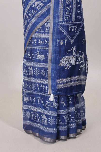 Royal blue printed blouse saree